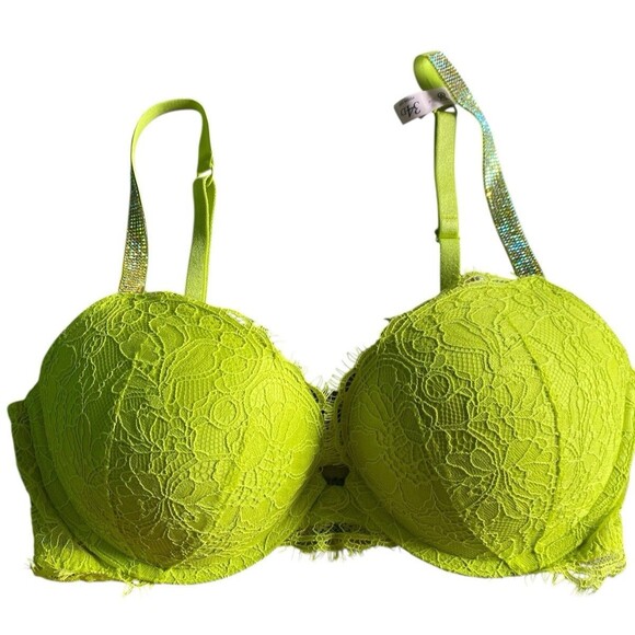 Victoria’s Secret Very Sexy Push-Up Bra 34D Neon Green Lace Rhinestone Straps - Picture 1 of 6